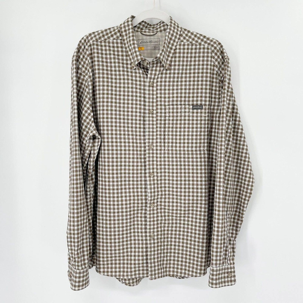 Eddie Bauer Travex Departure‎ Check Plaid Button Up Shirt Sz L Men's Brown Mesh